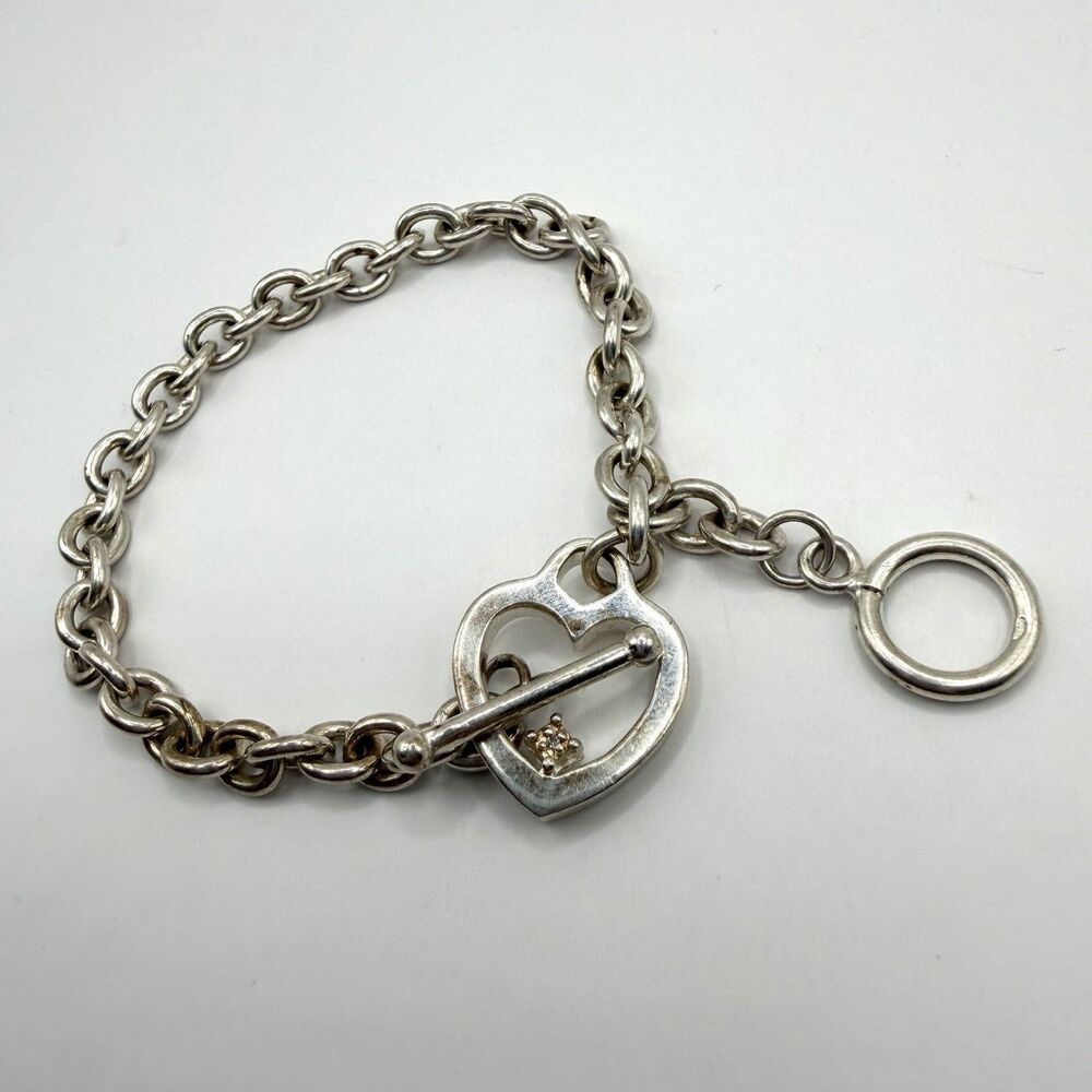 925 Sterling Silver Heart Toggle Rolo Link Charm Bracelet 7" 17.3g